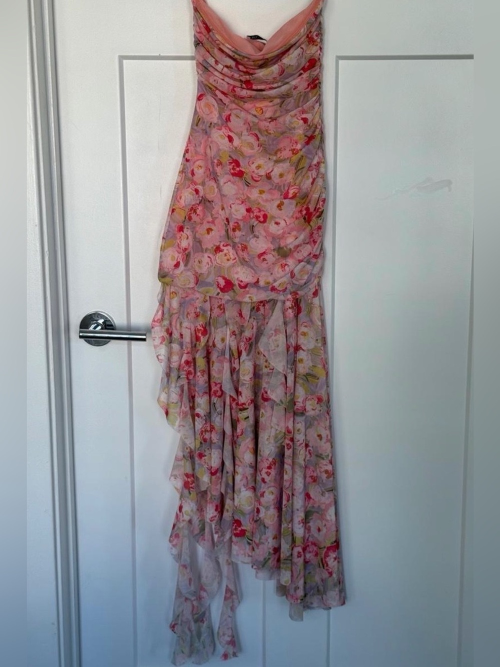 Zara Pink Floral Asymmetrical Ruffle Dress